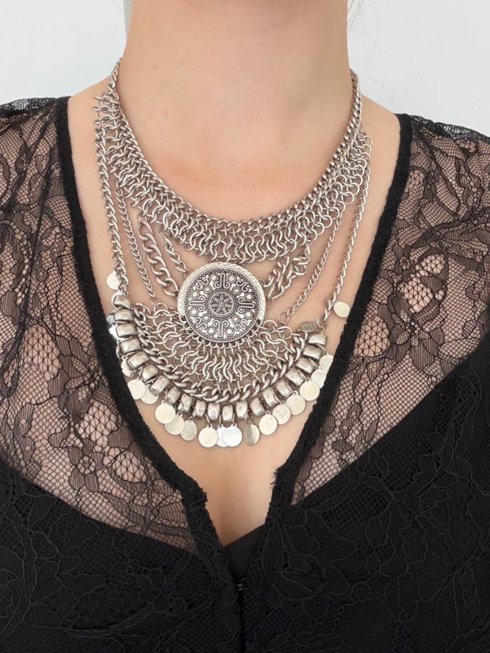 Silver tone multi-layered choker bib necklace